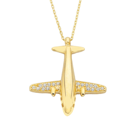 14K Gold Airplane Plane Jet Fighter Aircraft Pendant Charm Necklace for Women Travel Live Free Decorated with White Cubic Zirconia Stones Christmas Birthday Mother's Day Gift jewelry charm