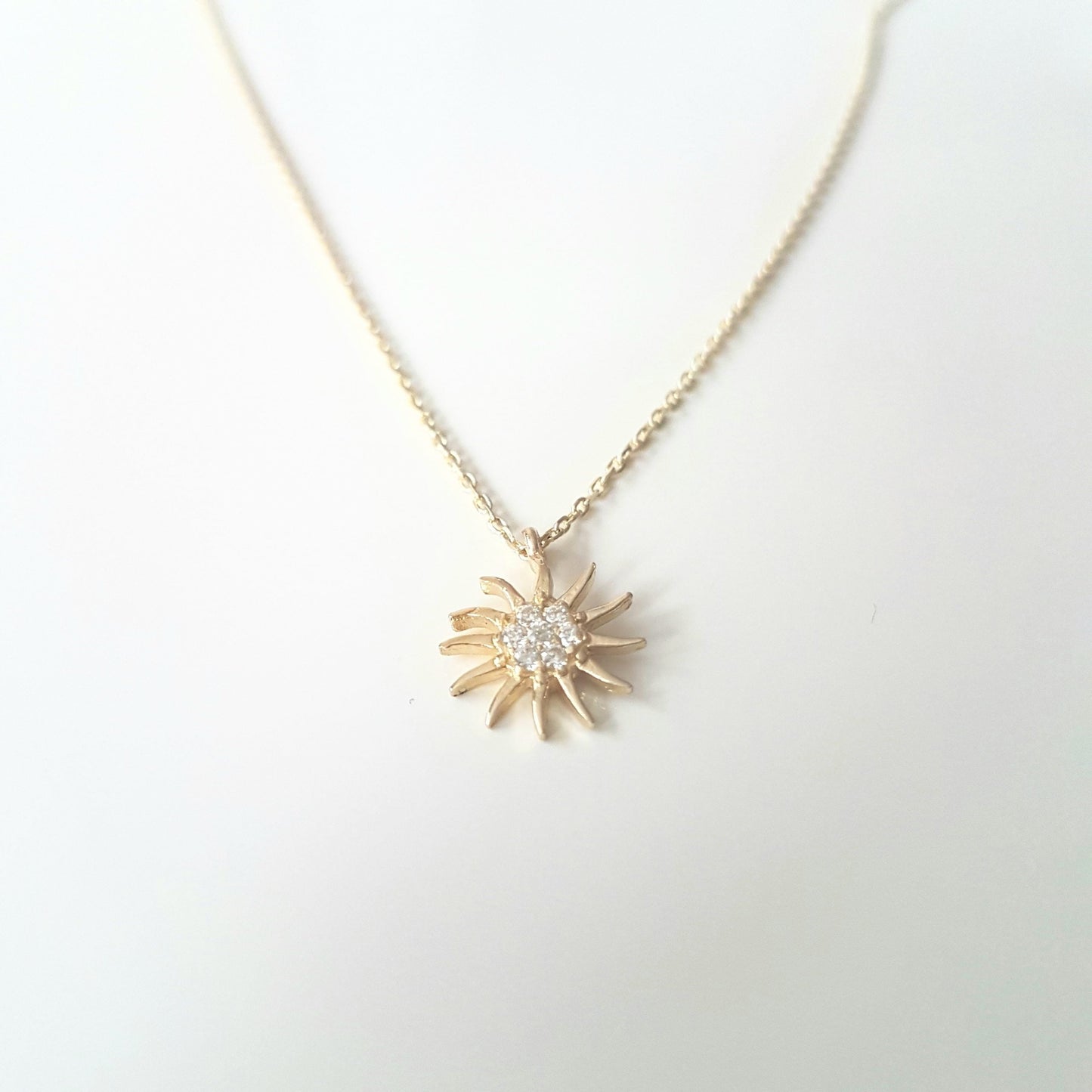 14K Gold Sun Shaped Decorated with Zirconia Stones Tiny Dainty Delicate Charm Trendy Pendant Necklace The best way to say You are my sun shine for women jewelry girlfriend mom