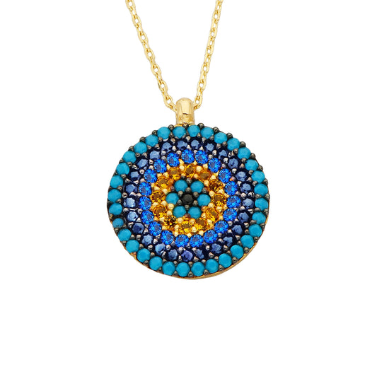 14K Real Gold Round Circle Evil Eye Design with Zirconia Stones Charm Dainty Elegant Delicate Trendy Pendant Necklace best birthday gift for women jewelry girlfriend mom turquoise dainty turkish