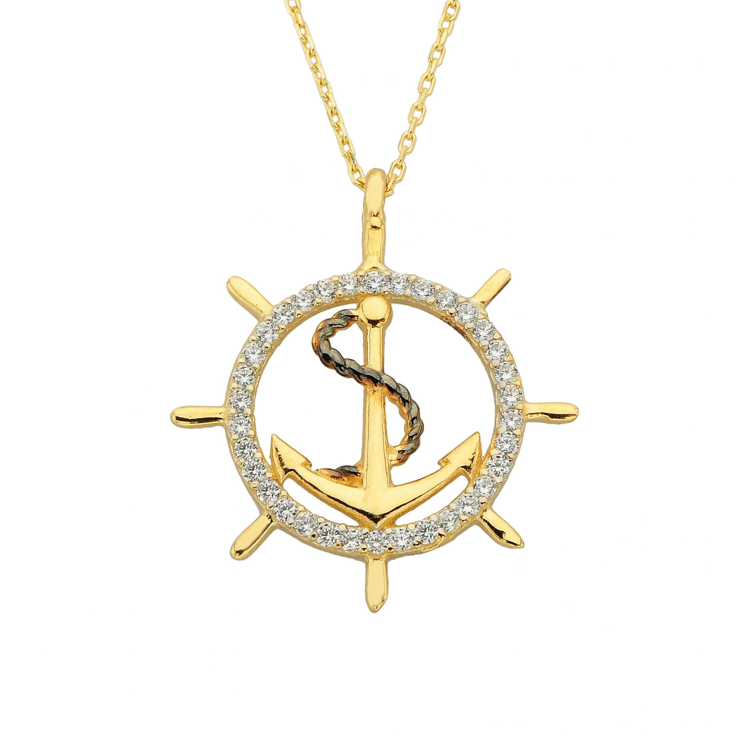 14K Real Solid Gold Anchor Pendant Necklace for Women With Zirconia Stones Charm Jewelry Ship Wheel Nautical Rope Navy Sailor