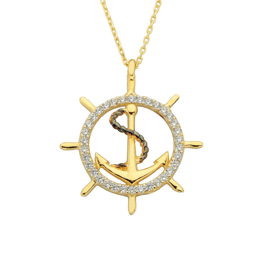 14K Real Solid Gold Anchor Pendant Necklace for Women With Zirconia Stones Charm Jewelry Ship Wheel Nautical Rope Navy Sailor