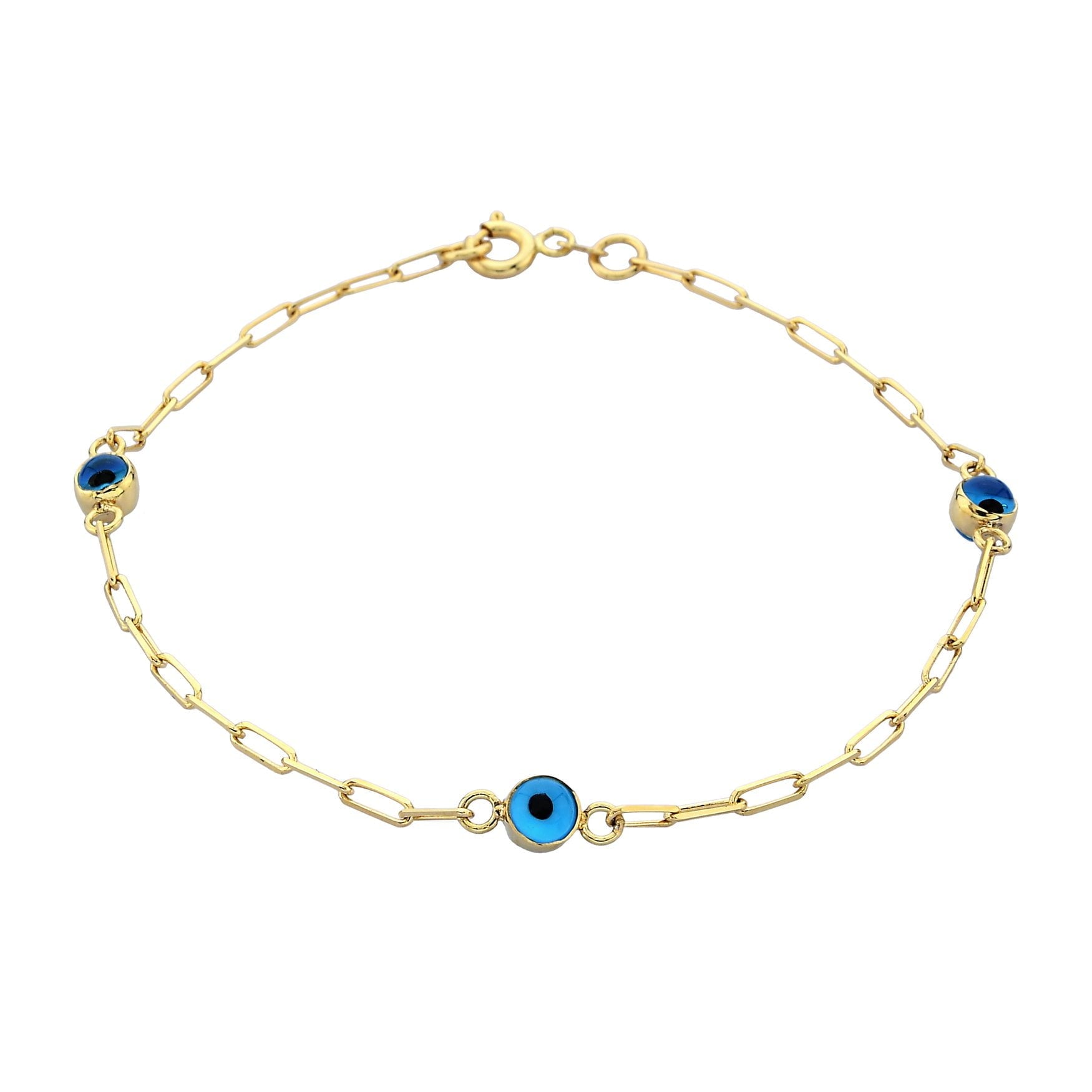 14K Real Solid Gold Beaded Evil Eye Bracelet for Women , Bead Evil Eye Paperclip Chain Bracelet , Gift for Her , Turkish Evil Eye Jewellery