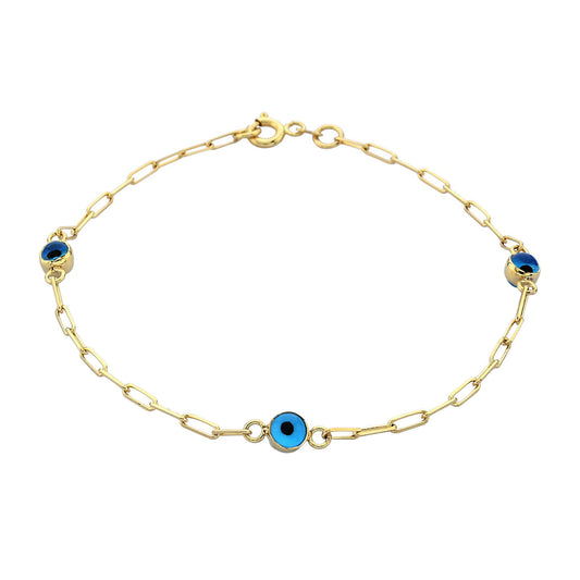 14K Real Solid Gold Beaded Evil Eye Bracelet for Women , Bead Evil Eye Paperclip Chain Bracelet , Gift for Her , Turkish Evil Eye Jewellery
