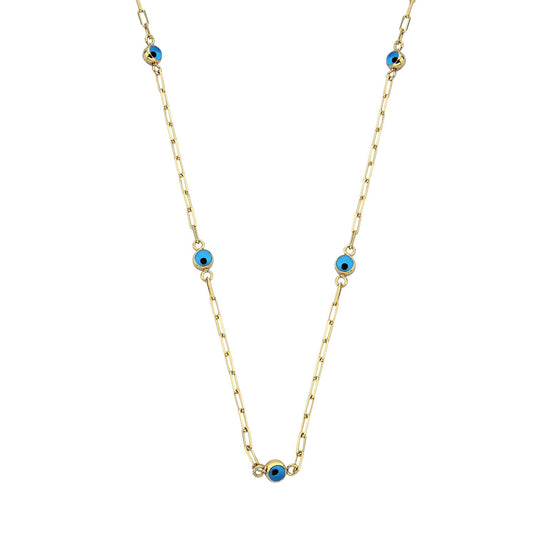 14K Real Solid Gold Beaded Evil Eye Necklace for Women , Bead Evil Eye Paperclip Chain Necklace , Gift for Her , Turkish Evil Eye jewellery