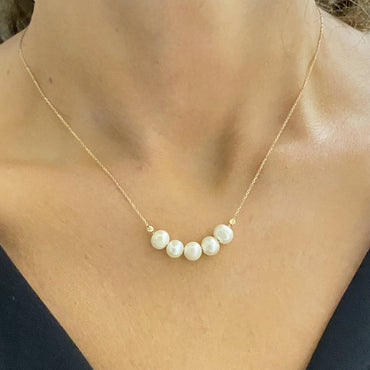 14K Real Solid Gold Beaded Pearl Necklace for Women , Dainty Freshwater Pearl Bead Necklace , Bridesmaids Jewelry ,Christmas Gift for Her