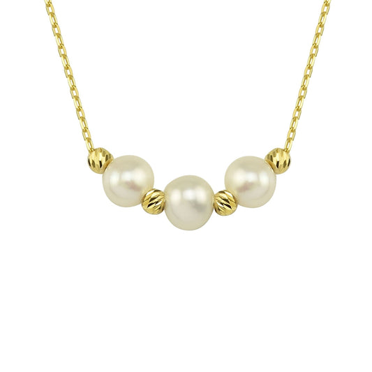 14K Real Solid Gold Beaded Pearl and Italian Ball Necklace for Women , Pearl jewelry , 3 Trio Pearl Pendant , Gift for her