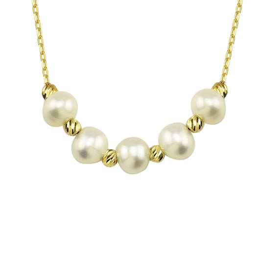 14K Real Solid Gold Beaded Pearl and Italian Ball Necklace for Women , Pearl jewelry ,5 Pearl Pendant ,Birthday Gift for her