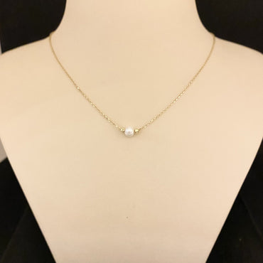 14K Real Solid Gold Single Beaded Ball and Pearl Necklace for Women