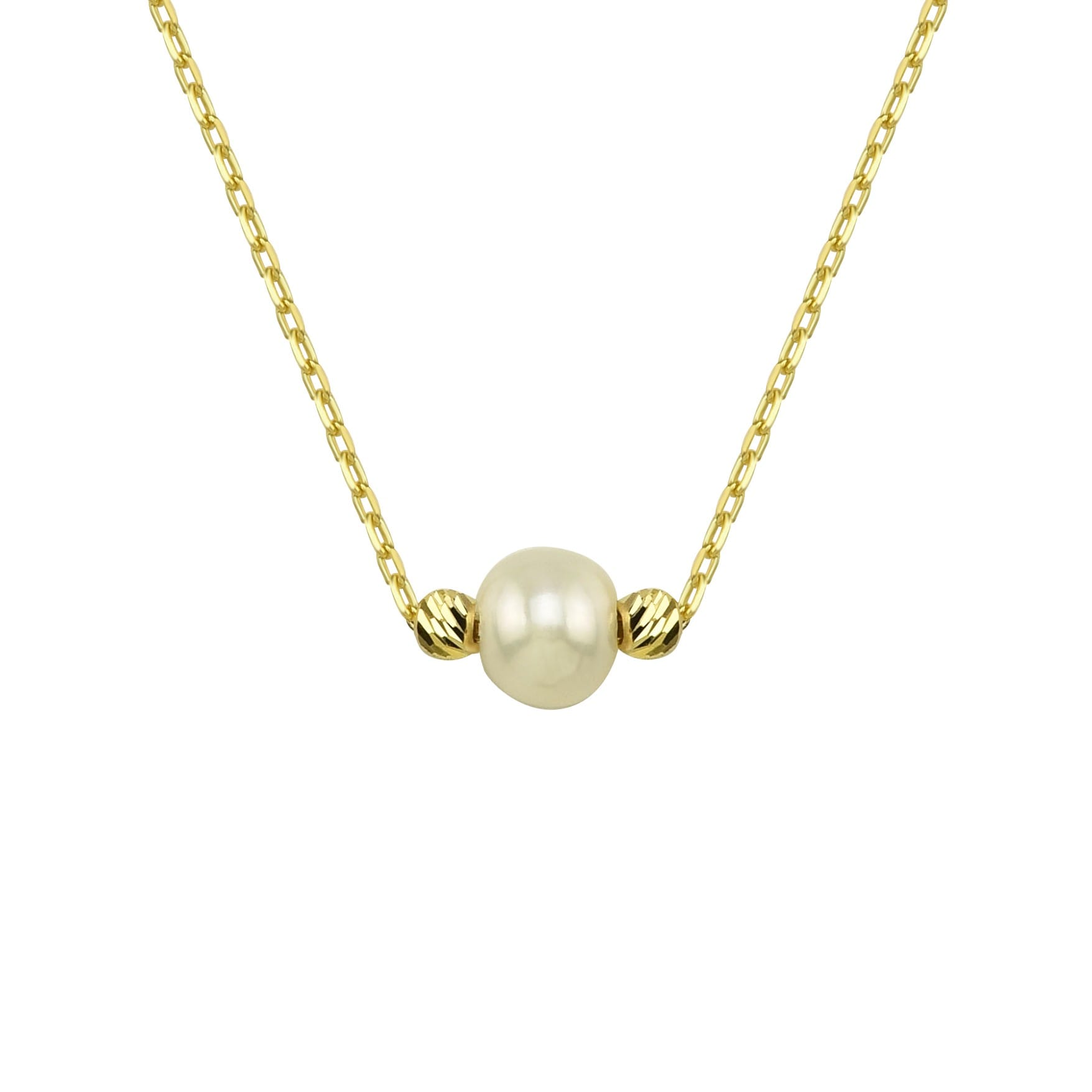 14K Real Solid Gold Beaded Pearl and Italian Ball Necklace for Women , Pearl jewelry ,Single Pearl Pendant ,Birthday Gift for her