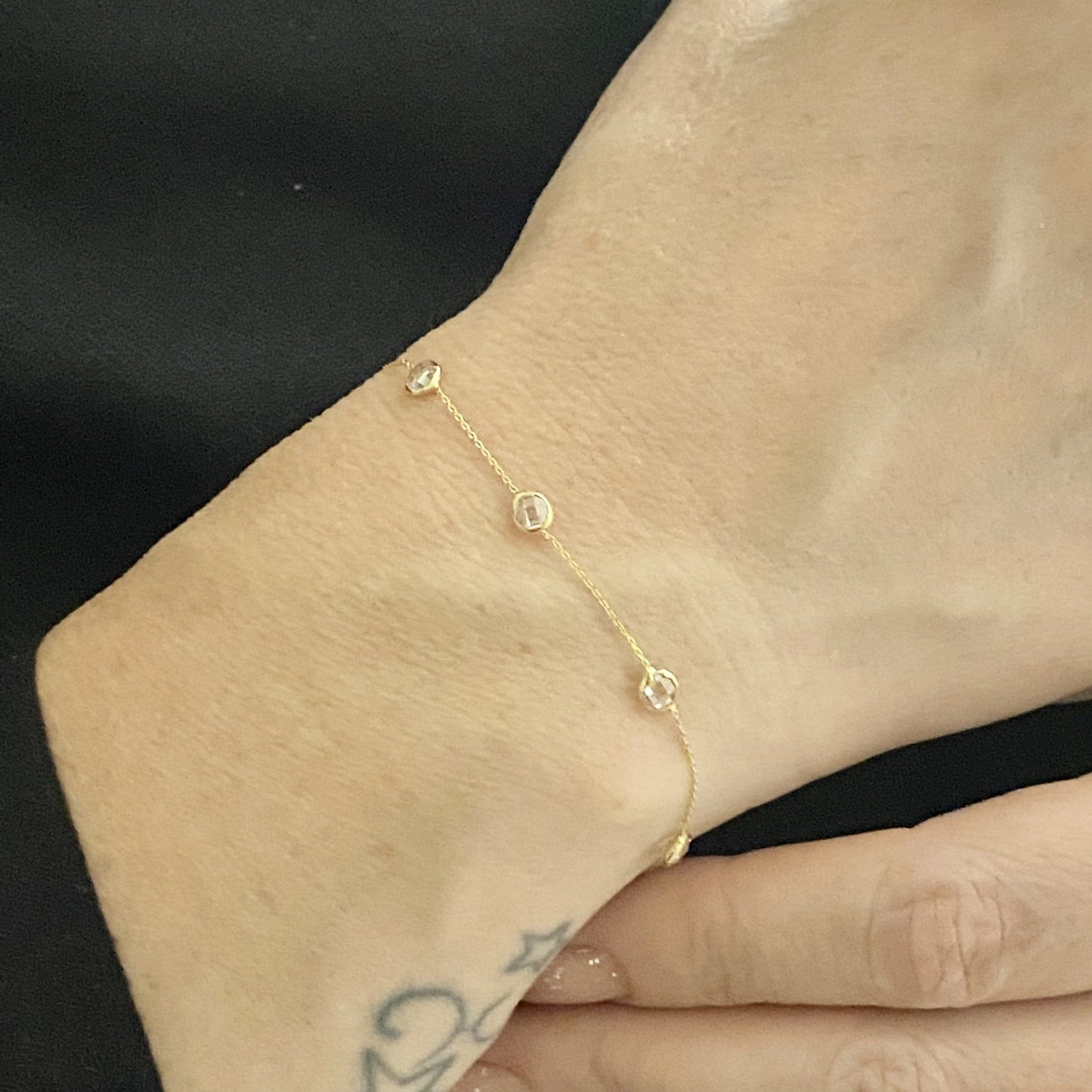 14K Real Solid Gold Bezel Stone Station Link Bracelet for Women, birthstone bracelet for women , christmas gifts for mom , birthday gift for her