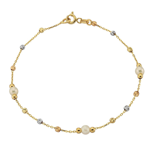 14K Real Solid Gold Bracelet Beaded Pearls and Italian Balls Design Best Birthday Gift for Women Mother Wife Girlfriend jewelry handmade christmas xmas