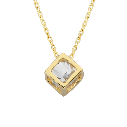 14K Real Solid Gold Cube Pendant Necklace Inside Moving Cubic Zirconia Stone Tiny Cute Charm Dainty Delicate Birthday gift for Women Girlfriend Teengirls Her