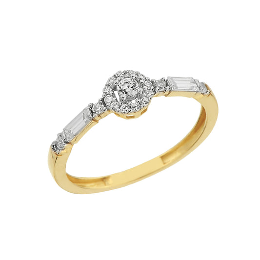 14K Real Solid Gold Halo Solitaire Ring Decorated Baguette , Engagement Ring, Bridal Wedding Jewelry , CZ Solitaire Ring for Women her mom