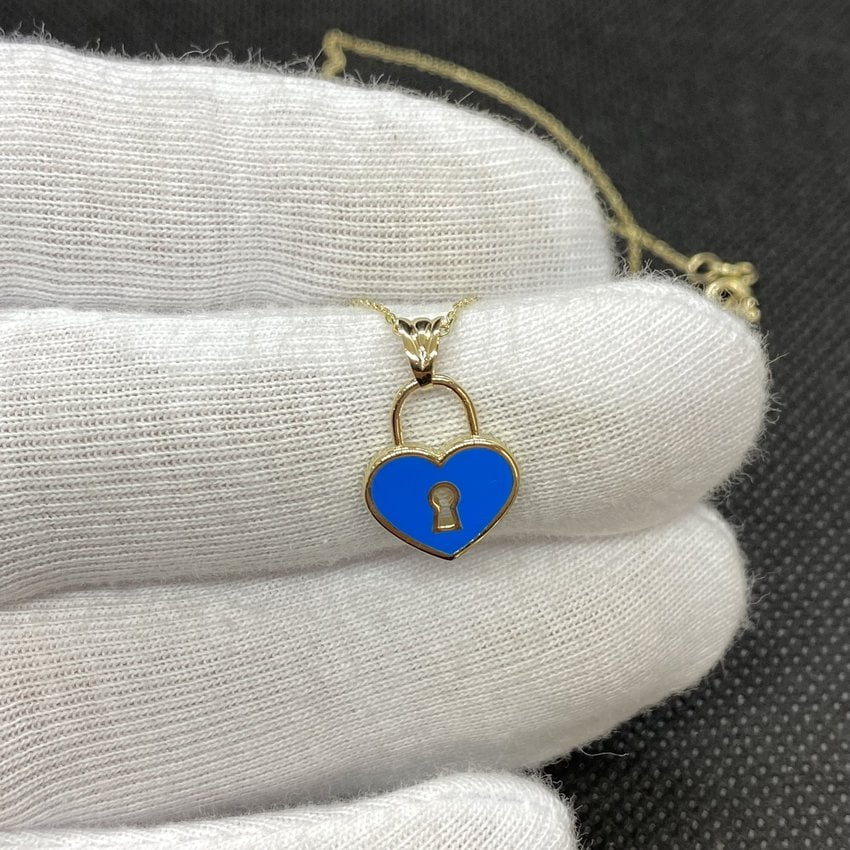 14K Real Solid Gold Blue Heart Necklace with Keyhole