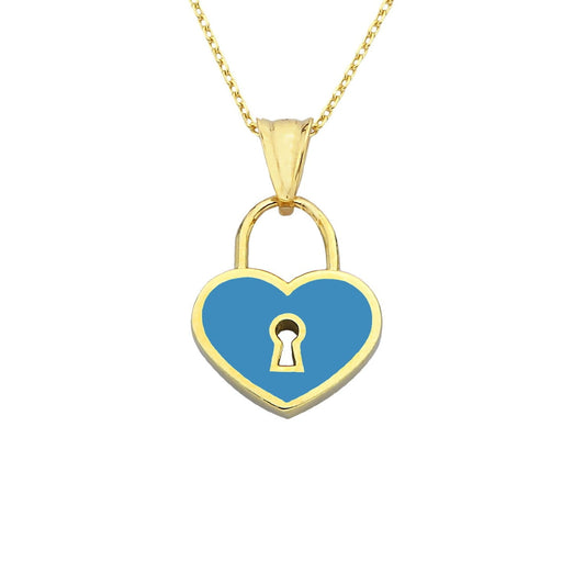 14K Real Solid Gold Heart Lock Necklace for Women | Padlock Pendant | Dainty Love Heart Jewelry | Christmas Birthday Gift for him, Turquoise Heart