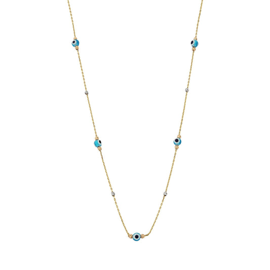 14K Real Solid Gold Lucky Blue Evil Eye and Italian Balls Design Dainty Charm Pendant Necklace for Women Turkish Nazar Christmas Birthday Mother's Day Gift.