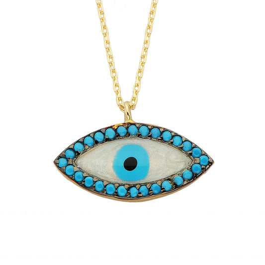 14K Real Solid Gold Lucky Evil Eye with Mother of Pearl Necklace for Women Dainty Turkish Evil Eye Cats Eye Faith Nazar Protection Pendant Birthday Christmas Mother’s Day Gift
