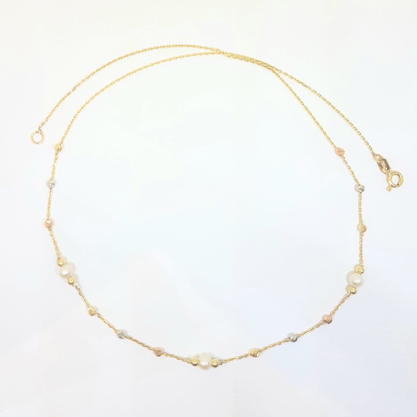 14K Real Solid Gold Necklace Beaded Pearls and Italian Balls Design for Women