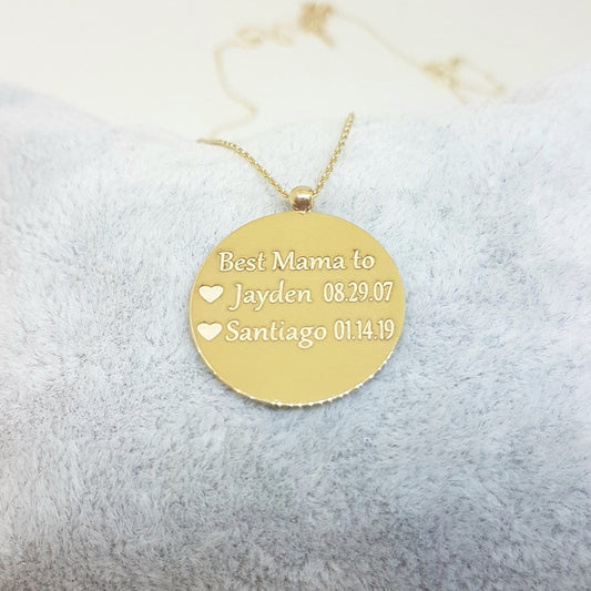 14K Real Solid Gold Personalized Engraved Circle Disc Custom Name Necklace for Women