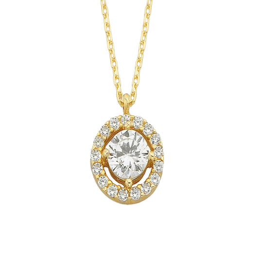 14K Real Solid Gold Solitaire Necklace , Cubic Zirconia Halo Necklaces for Women, CZ Round Halo Necklace for Women