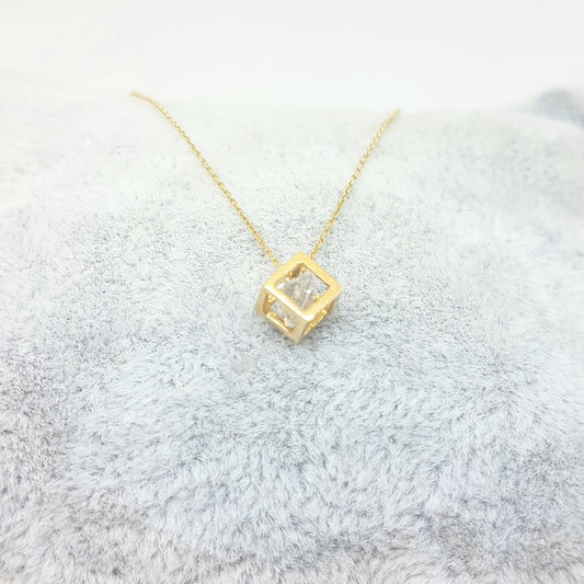 14K Real Solid Gold Elegant Cube Style Tiny Charm Dainty Delicate Cute Trendy Pendant Necklace with Floating Zirconia Stone for Women Wife Girlfriend Mom Best Birthday Gift