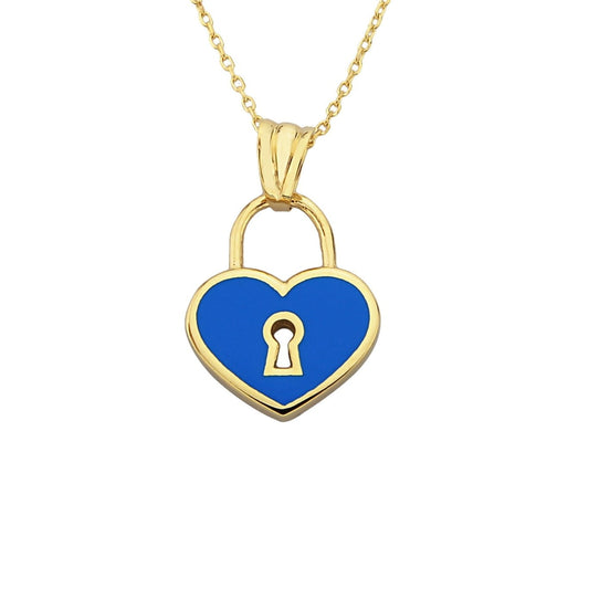 14K Real Solid Gold Navy Blue Heart Lock Necklace for Women, gift for her