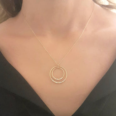 14K Real Solid Gold Two Circles Rings Hoops with Italian Balls Cute Charm Dainty Delicate Trendy Pendant Necklace Best Birthday gift for Women Jewelry