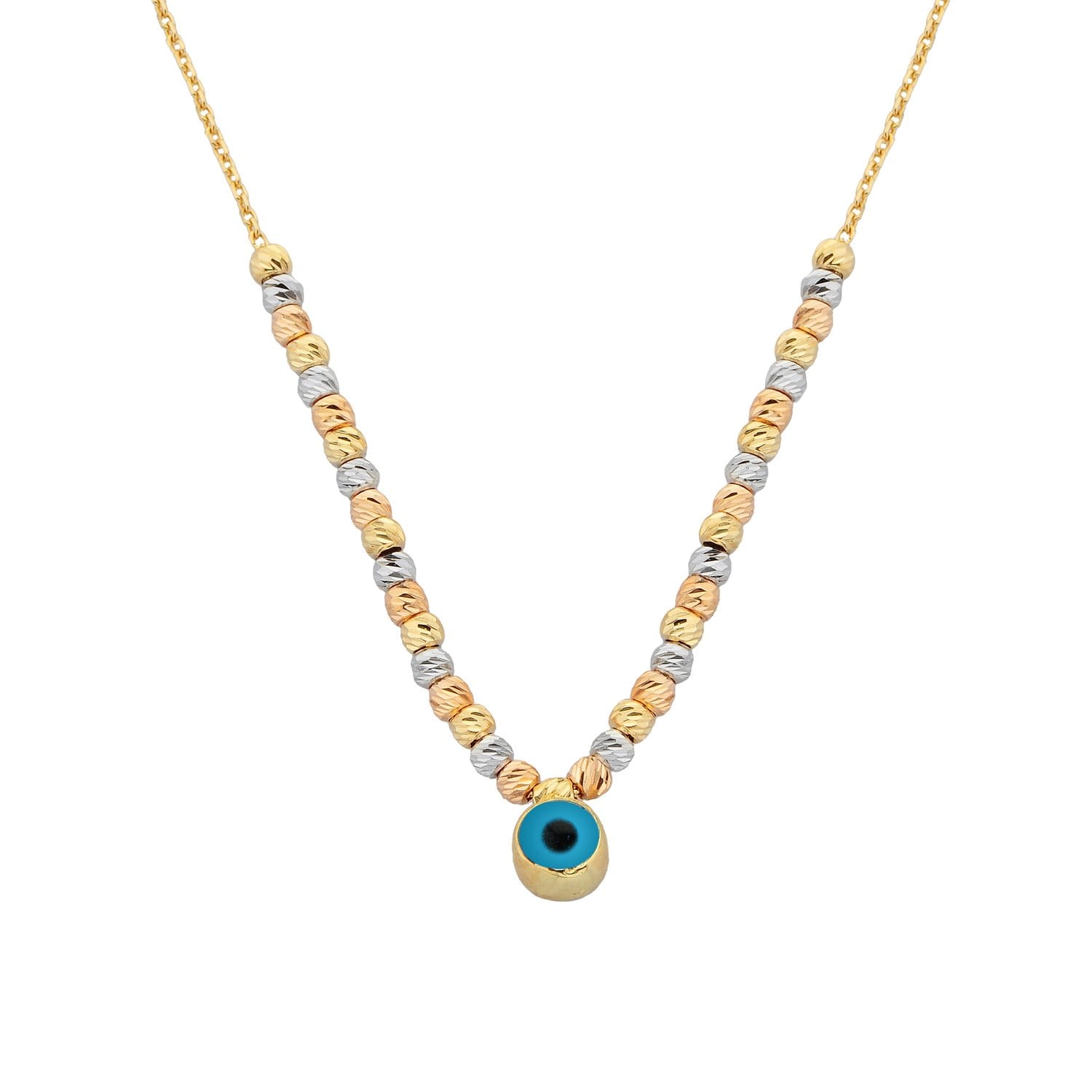 14K Real Solid Gold Two Sided Evil Eye Necklace with Beaded Balls
