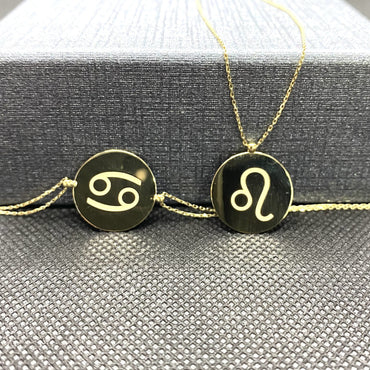 14K Real Solid Gold Zodiac Bracelet, Engraved Astrology Bracelet , Disc Horoscope Bracelet , Zodiac Sign Jewelry