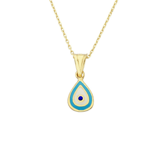 14K Real Solid Yellow Gold Teardrop Evil Eye Pendant Necklace for Women , Two Sided Minimalist Necklace, Christmas Birthday Gift for her mom