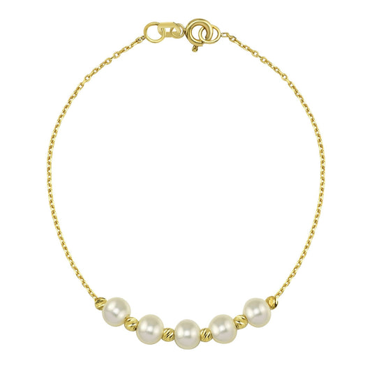 14K Solid Gold Beaded Italian Balls and Pearl Bracelet for women ,Five Pearl Bracelets , Freshwater Pearl Bracelet Gold , Pearl Jewelry