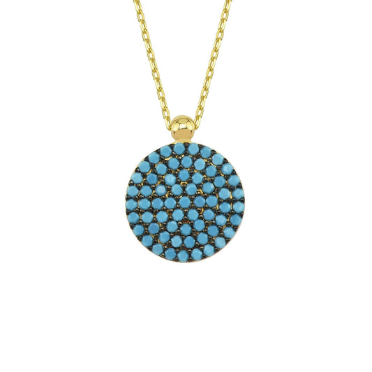 14K Solid Gold Turquoise Necklace for Women , Round Pave Turquoise Pendant , December Birthstone Necklace , Christmas Birthday gift for her (copy)
