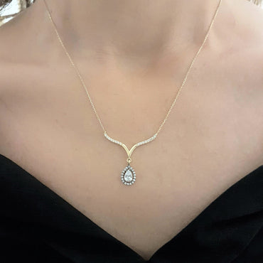 14K Real Solid Yellow Gold Tear Drop Halo Cubic Zirconia Necklace Choker Pendant Jewelry for Women's Wedding Bridal