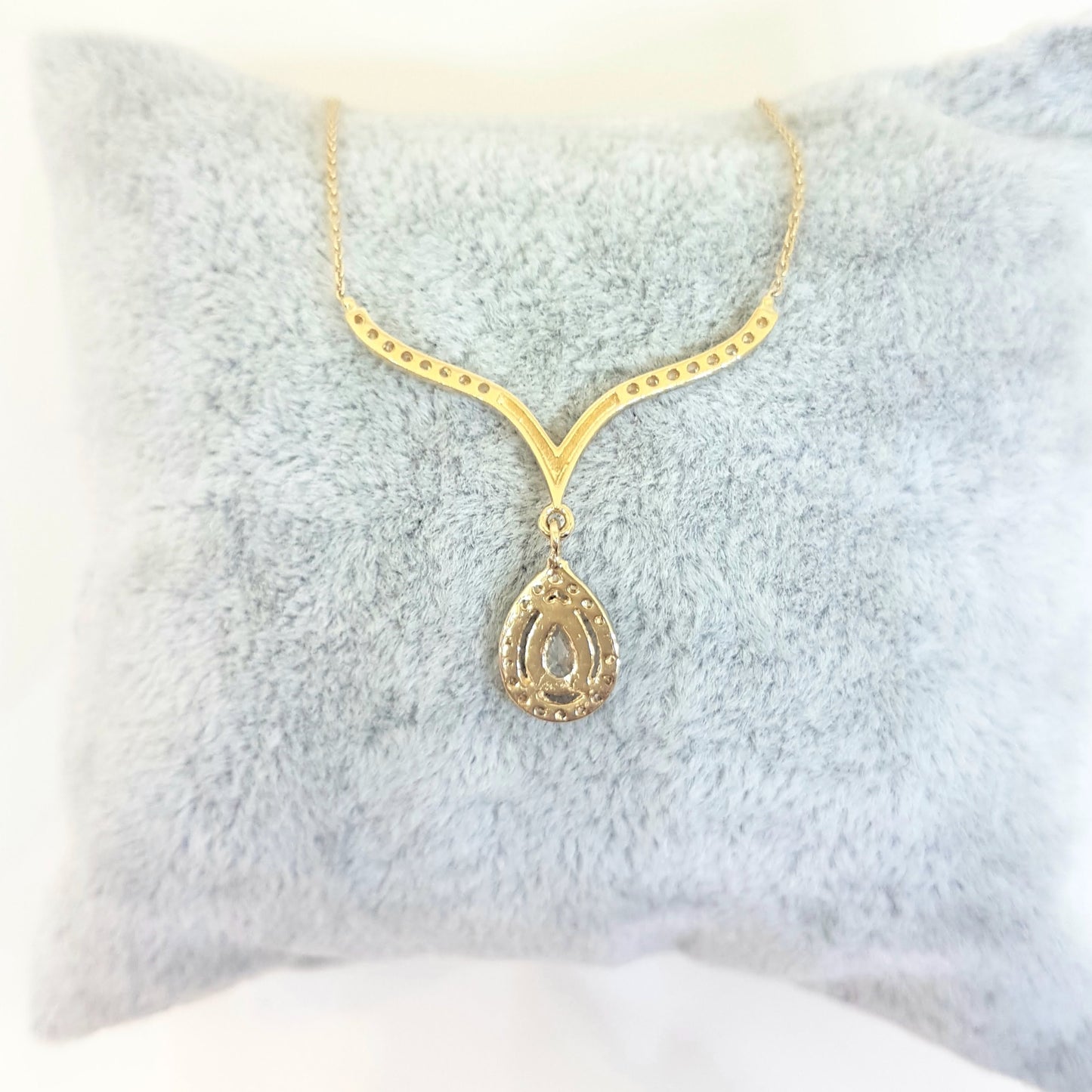 14K Real Solid Yellow Gold Tear Drop Halo Cubic Zirconia Necklace Choker Pendant Jewelry for Women's Wedding Bridal