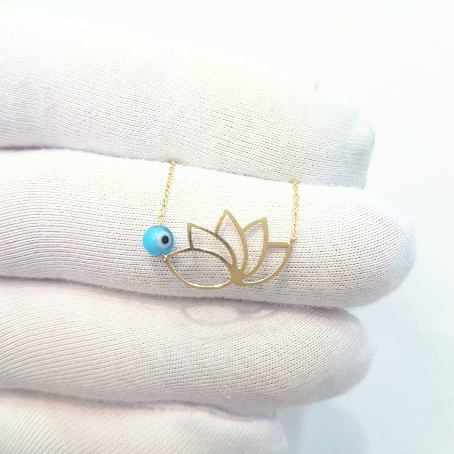 14k Real Solid Gold Lotus Necklace for Women | Lotus Flower Pendant with Evil Eye Birthday Gift