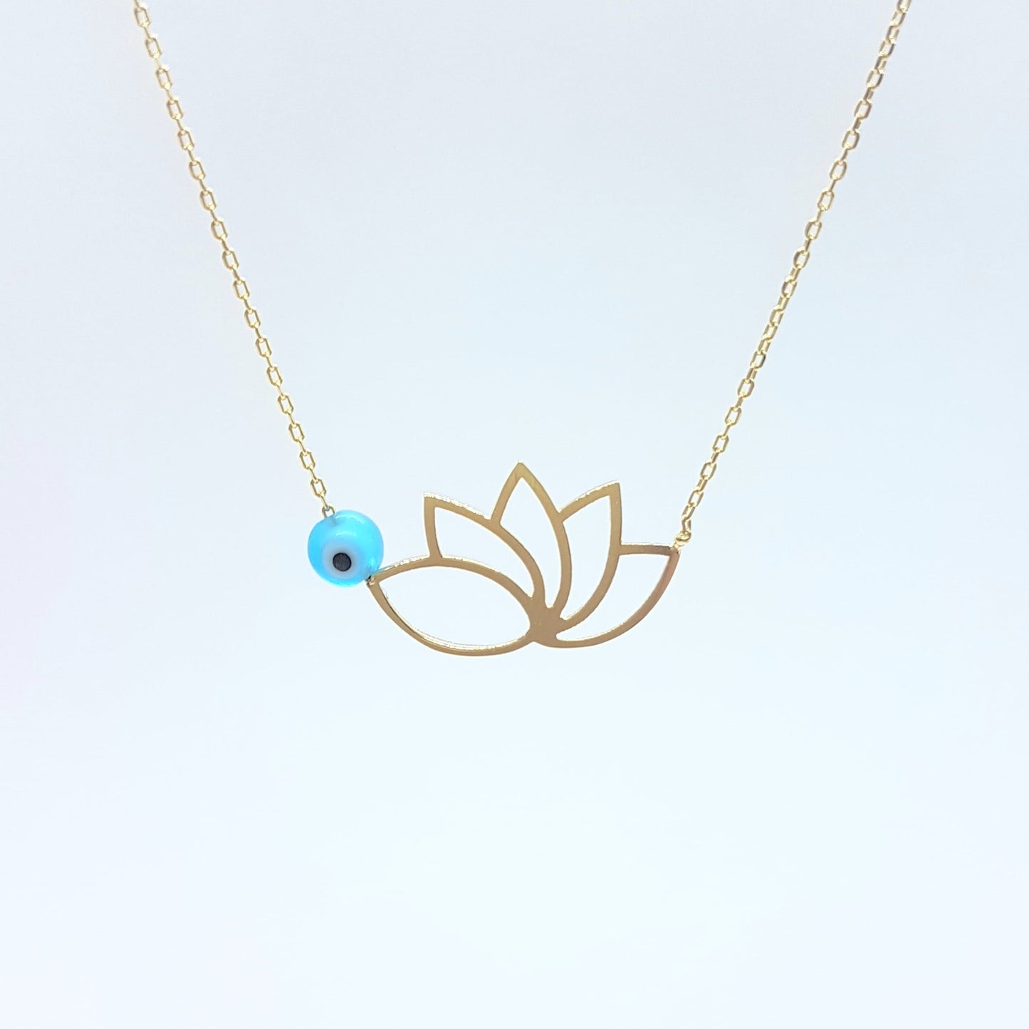 14k Real Solid Gold Lotus Necklace for Women | Lotus Flower Pendant with Evil Eye Birthday Gift
