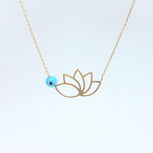 14k Real Solid Gold Lotus Necklace for Women | Lotus Flower Pendant with Evil Eye Birthday Gift