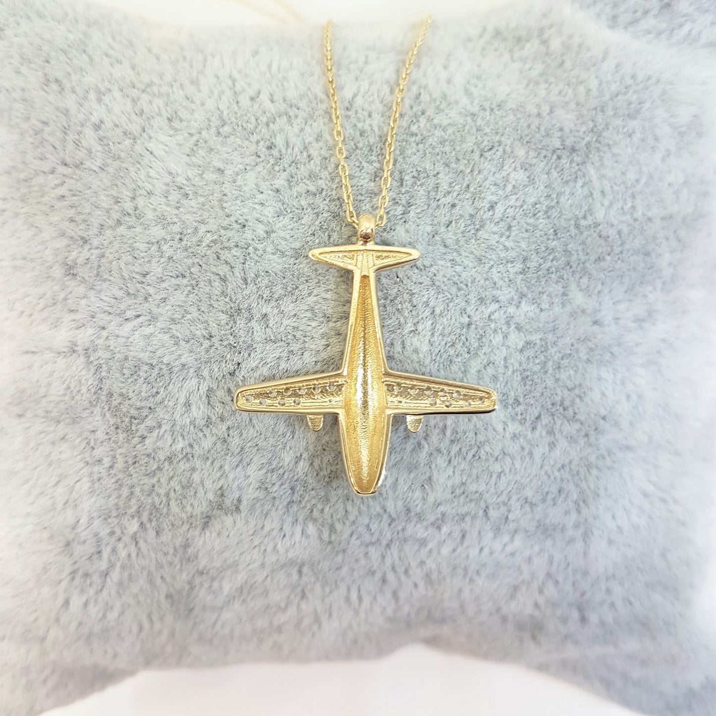 14K Gold Airplane Plane Jet Fighter Aircraft Pendant Charm Necklace for Women Travel Live Free Decorated with White Zirconia Stones