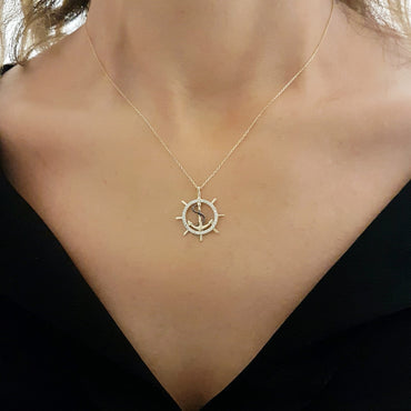 14K Real Solid Gold Anchor Pendant Necklace for Women With Zirconia Stones Charm Jewelry Ship Wheel Nautical Rope Navy Sailor