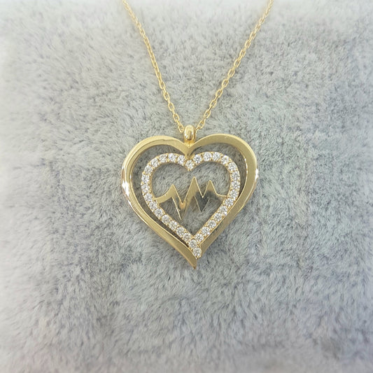 14K Gold Double Heart Love Lifeline Pulse EKG Heartbeat Pendant Necklace Decorated with Zirconia Stones Charm Elegant Dainty Birthday Valentine Christmas Gift For Women Jewelry