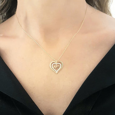 14K Gold Double Heart Love Lifeline Pulse EKG Heartbeat Pendant Necklace Decorated with Zirconia Stones Charm Elegant Dainty Birthday Valentine Christmas Gift For Women Jewelry