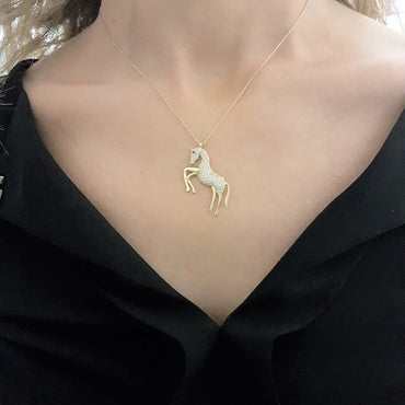 14K Gold Horse Pendant Necklace Decorated with Zirconia Stones Charm Elegant Dainty Birthday Valentine Christmas Gifts For Women Jewelry Girls