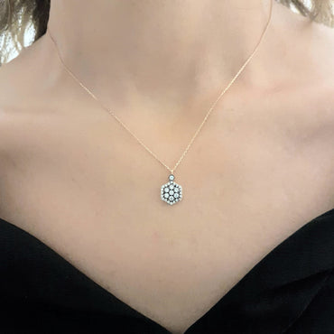 14K Real Solid Rose Gold Hexagon Model Design Decorated with White Zirconia Stones Pendant Necklace for Women Birthday Gift for Her Charm Elegant Modern Dainty