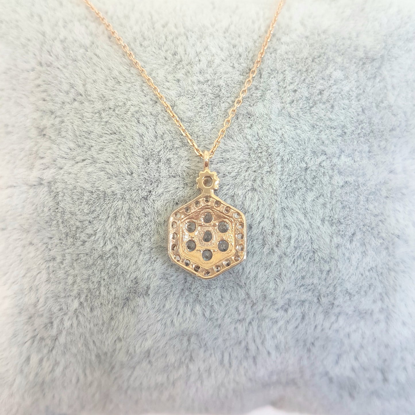 14K Real Solid Rose Gold Hexagon Model Design Decorated with White Zirconia Stones Pendant Necklace for Women Birthday Gift for Her Charm Elegant Modern Dainty