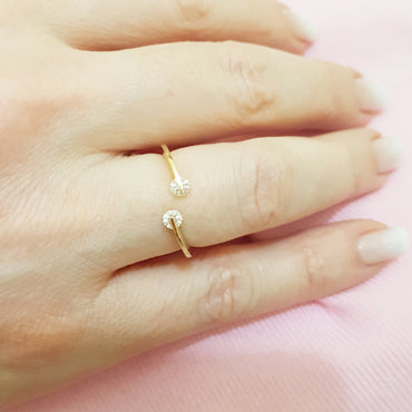 14K Real Solid Yellow Gold Open Separate Ring with White Zirconia Stones Simple Dainty For Women