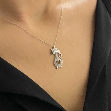 925K Sterling Silver Cat Necklace for Women, CZ Cat Pendant , Cat and Heart Neckalce Silver, Animal Jewelry, Gift for Her , Christmas Gifts