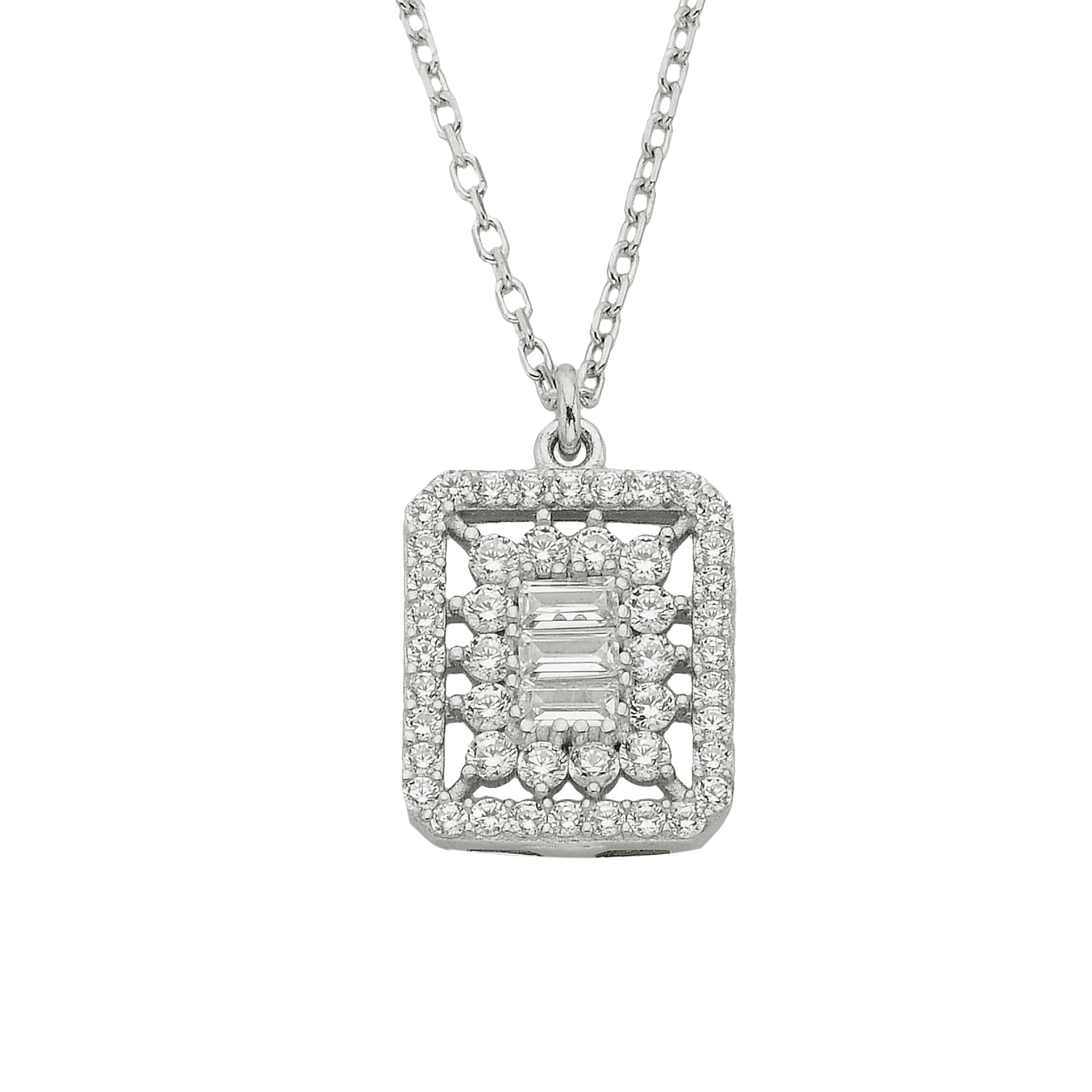 925K Sterling Silver Halo Baguette Pendant Necklace Decorated With Cubic Zirconia Stones Dainty Charm Cute for Women