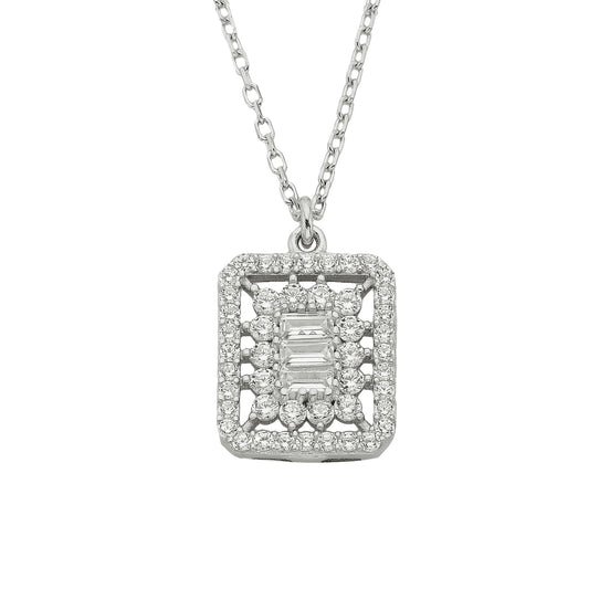 925K Sterling Silver Halo Baguette Pendant Necklace Decorated With Cubic Zirconia Stones Dainty Charm Cute for Women