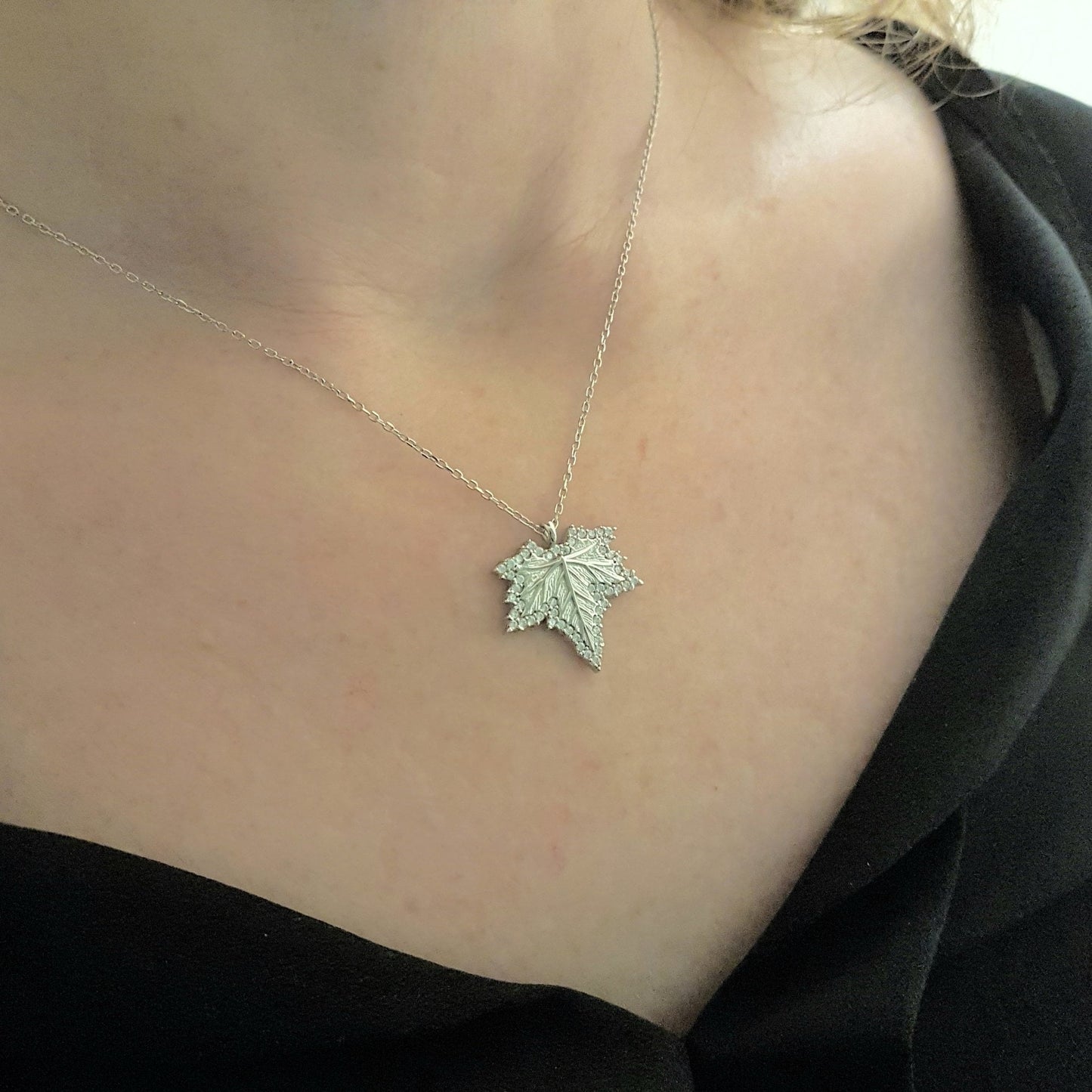 925K Sterling Silver Maple Necklace , Long Leaf Pendant Necklace , CZ Maple Necklace , Leaf Necklace Silver , Canadian Maple Leaf Necklace