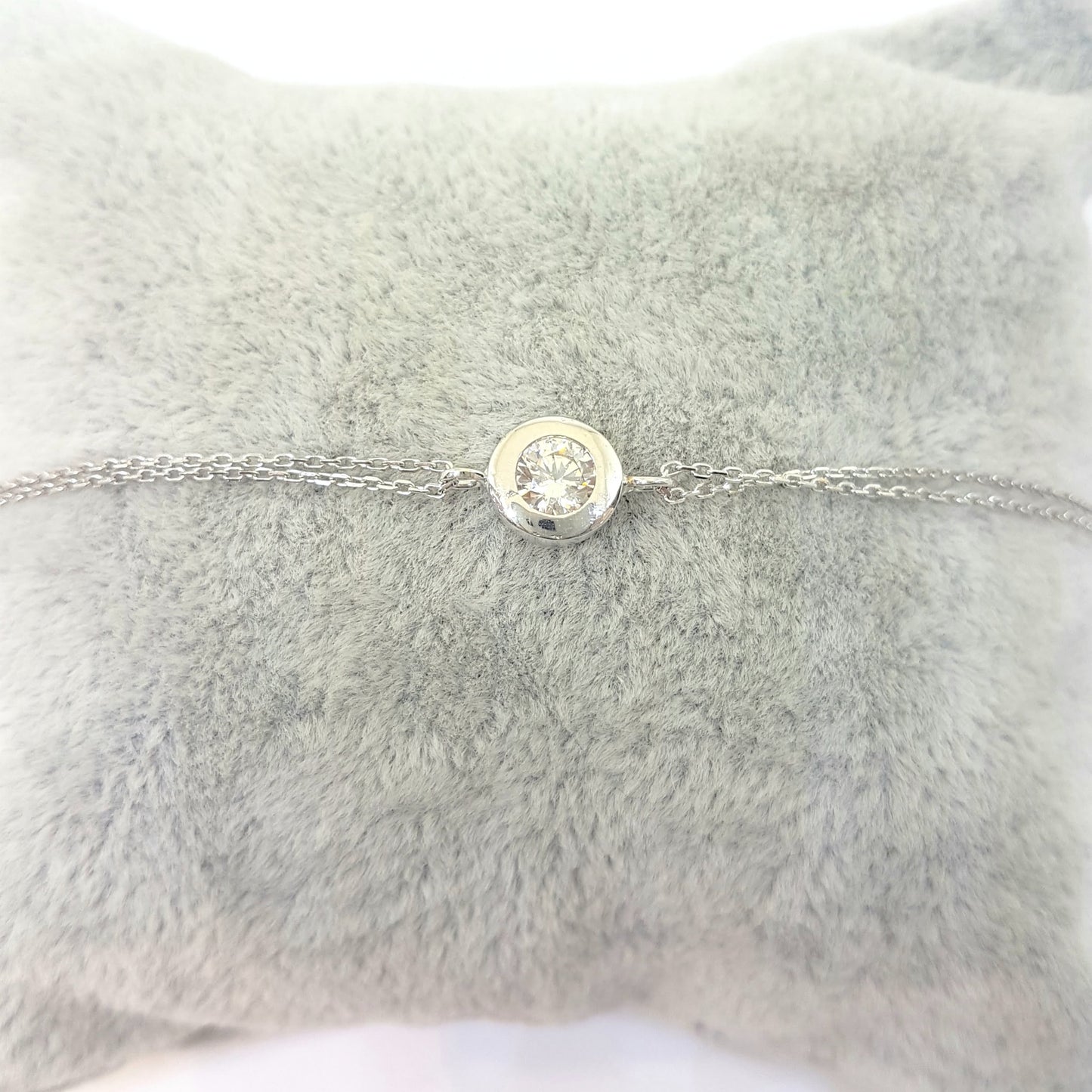 Round Bezel Bracelet with Zirconia Stone 14K White Solid Gold Charm Dainty Jewelry for Women